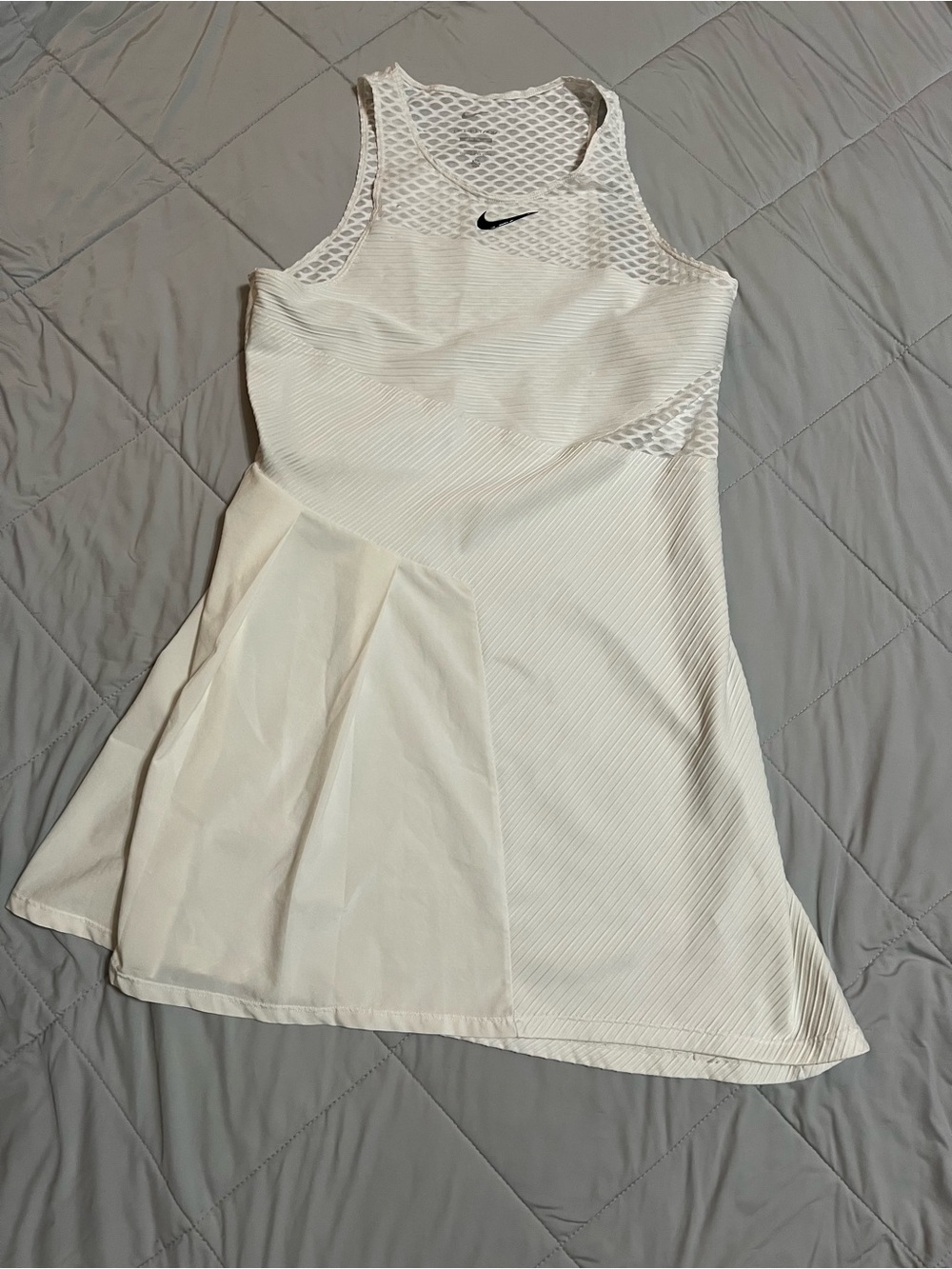 Nike White Mesh Panel Tennis Dress with Black Swoosh